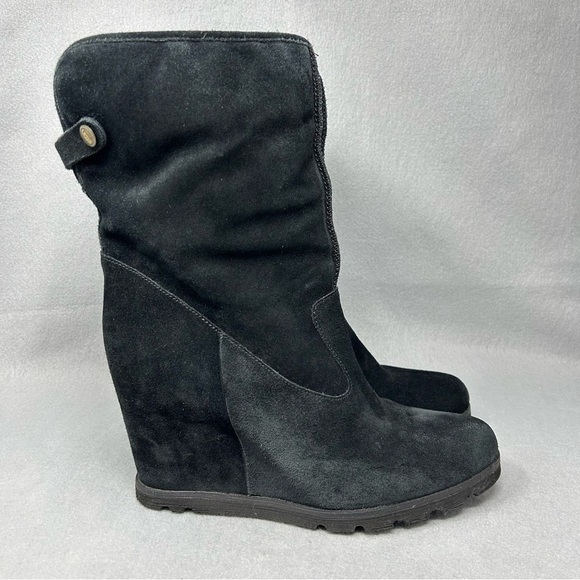 UGG Australia Kyra Genuine Shearling Wedge Heel Ankle Boots Black Suede Size 10 - Picture 3 of 11